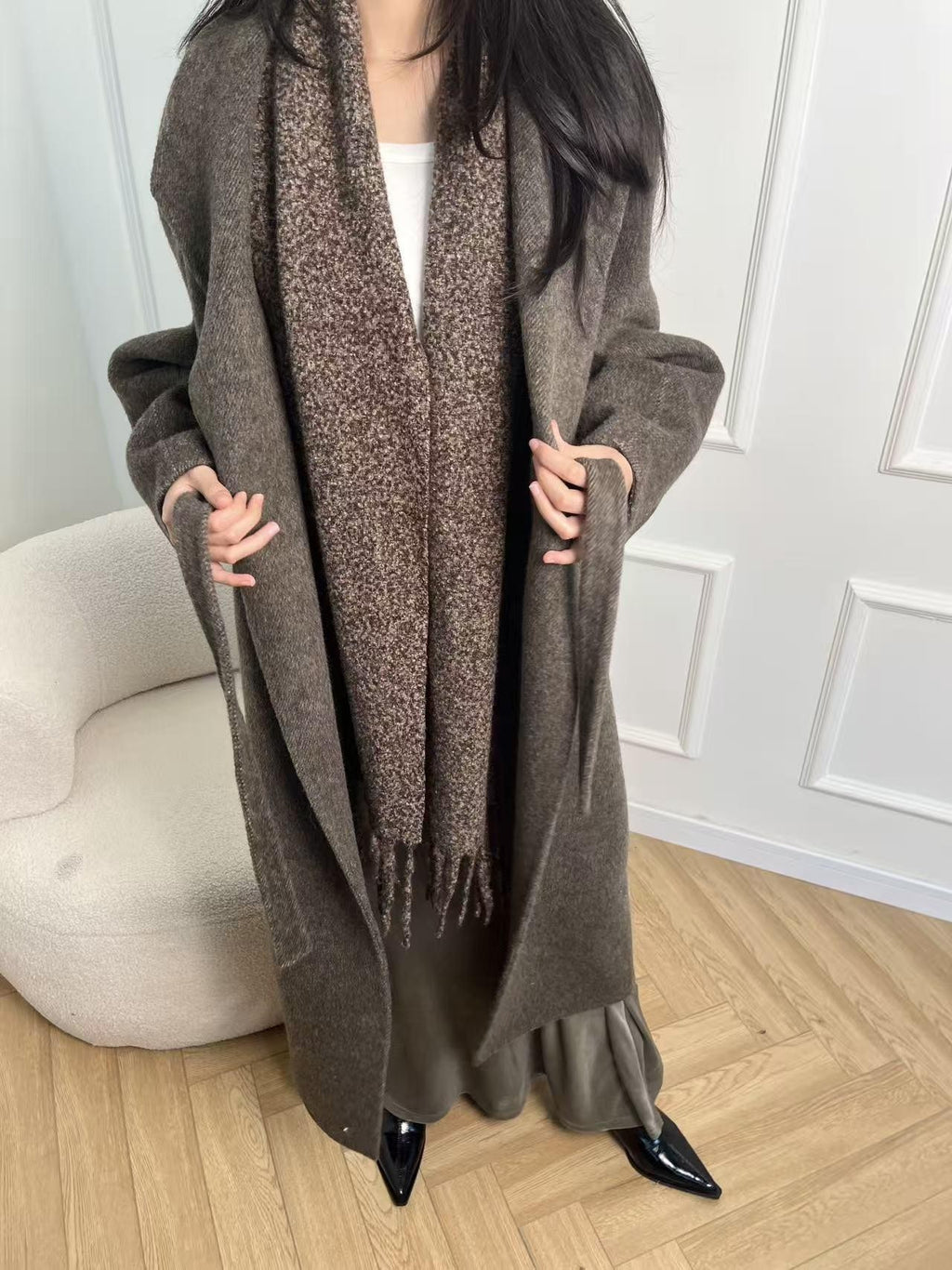 ANTIMOON Literati Raglan Sleeve Handmade Suit Collar Women's Double Face Wool Long Coats