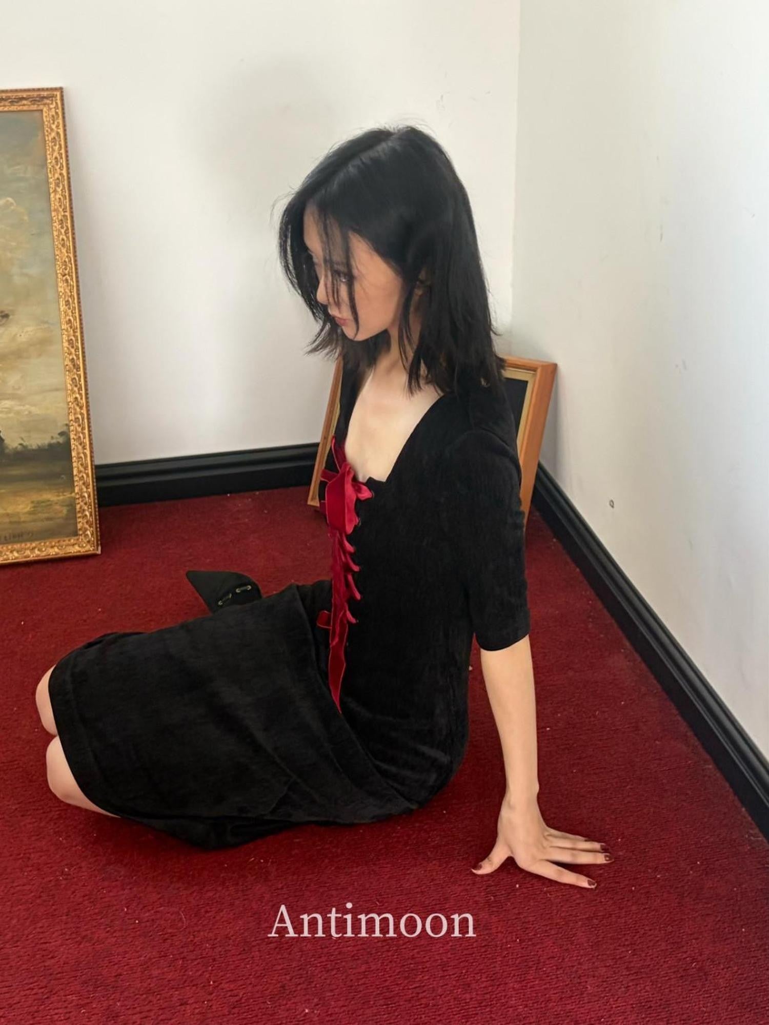 ANTIMOON Little Black Tie Bow Waist Cinching Women's Polyester Casual Midi Dresses