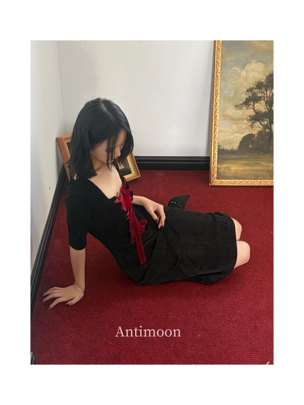 ANTIMOON Little Black Tie Bow Waist Cinching Women's Polyester Casual Midi Dresses