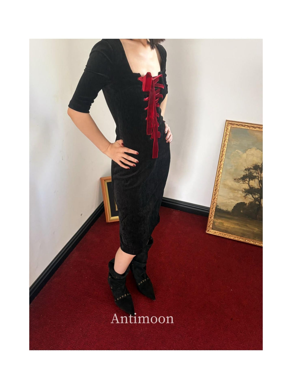 ANTIMOON Little Black Tie Bow Waist Cinching Women's Polyester Casual Midi Dresses