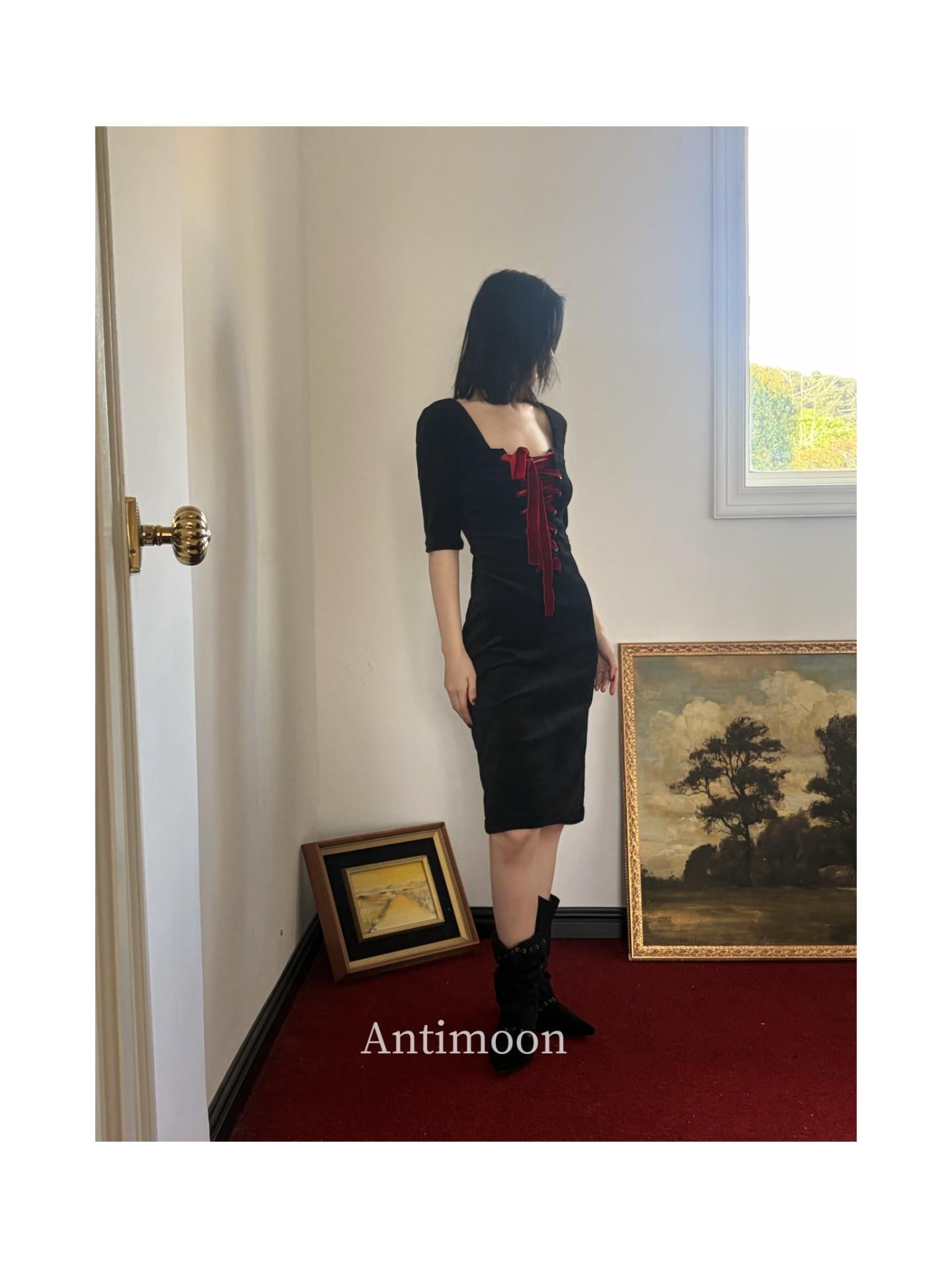 ANTIMOON Little Black Tie Bow Waist Cinching Women's Polyester Casual Midi Dresses