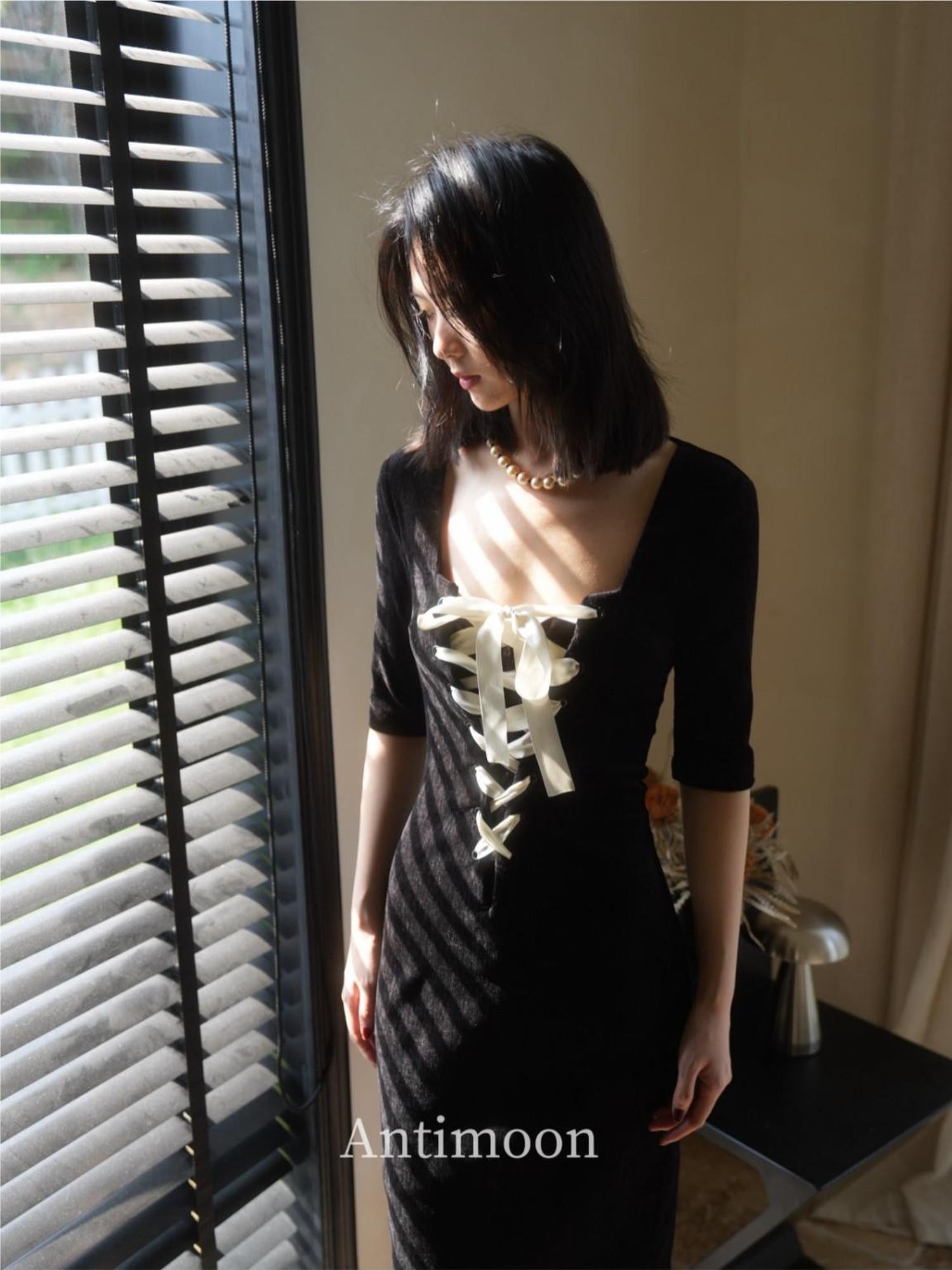 ANTIMOON Little Black Tie Bow Waist Cinching Women's Polyester Casual Midi Dresses