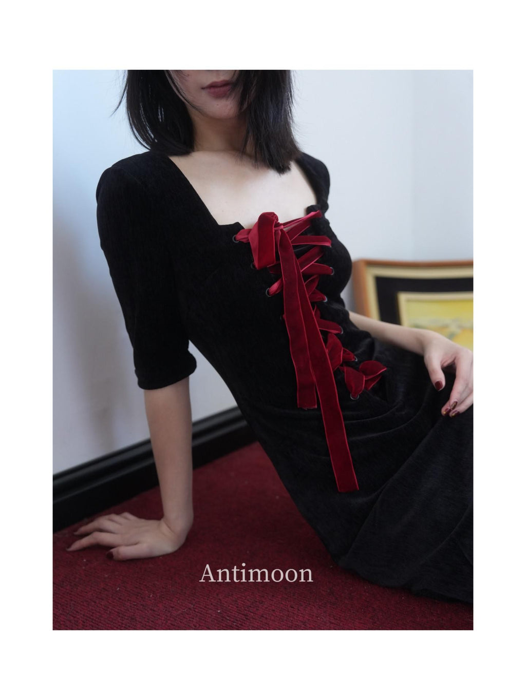 ANTIMOON Little Black Tie Bow Waist Cinching Women's Polyester Casual Midi Dresses