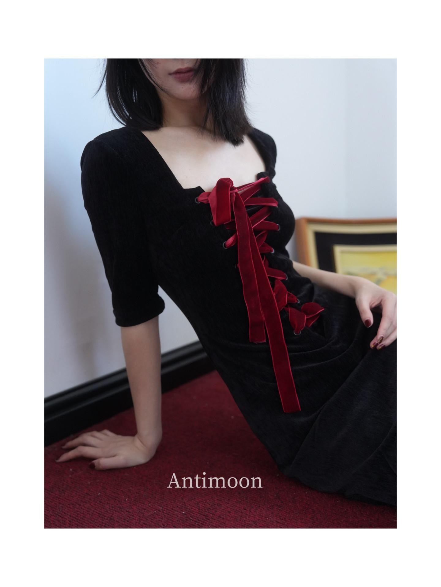ANTIMOON Little Black Tie Bow Waist Cinching Women's Polyester Casual Midi Dresses