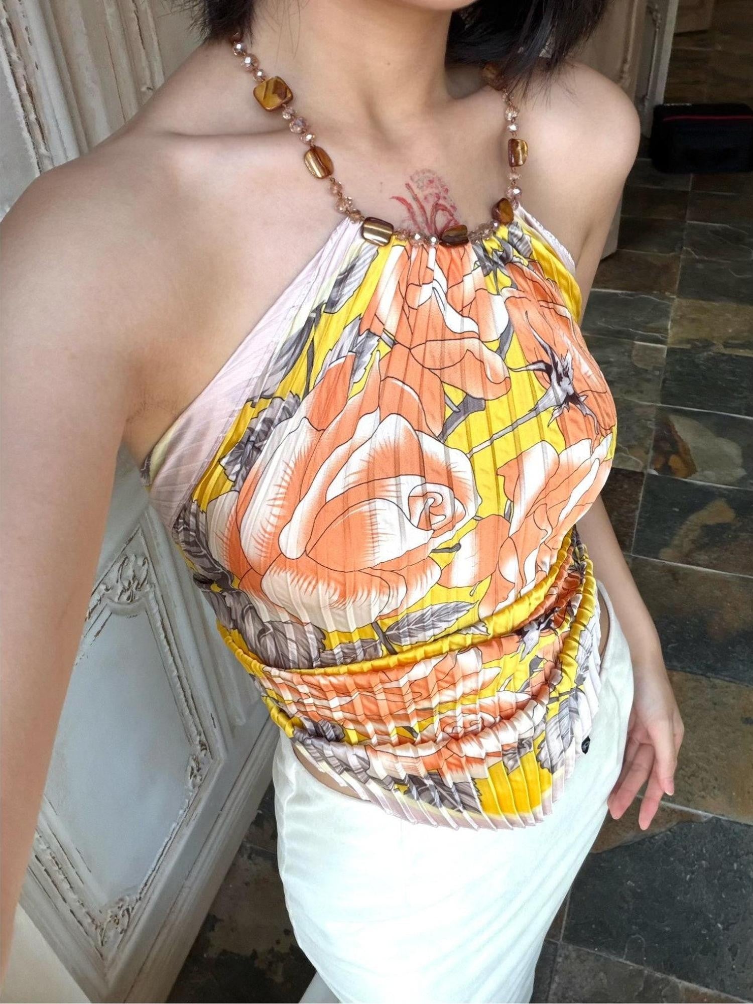ANTIMOON Mango Yellow Polka Dot Art Pleated Scarf Women's Polyester Halter Tops