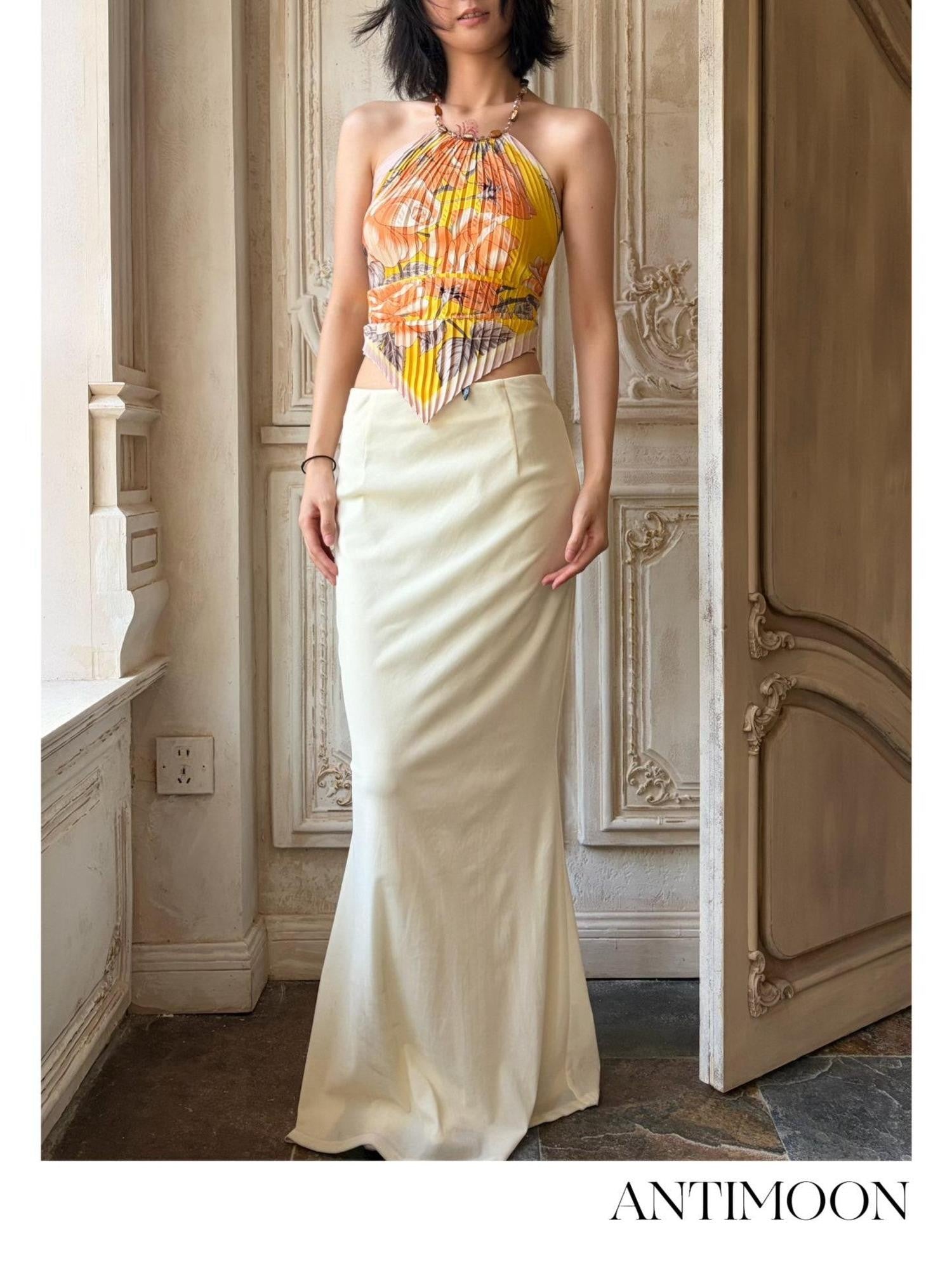 ANTIMOON Mango Yellow Polka Dot Art Pleated Scarf Women's Polyester Halter Tops