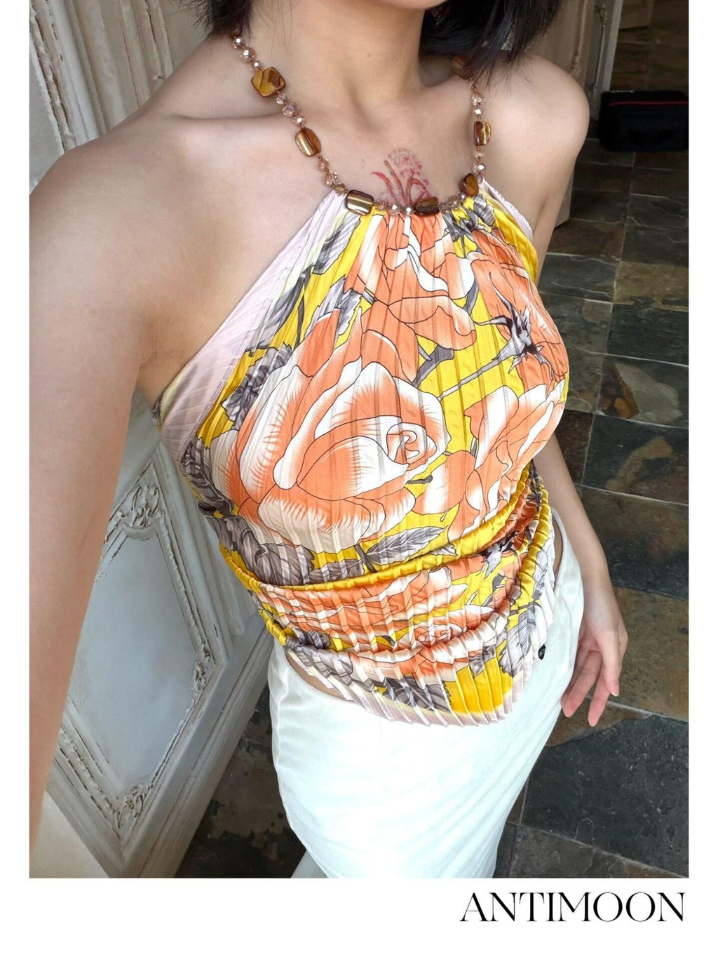 ANTIMOON Mango Yellow Polka Dot Art Pleated Scarf Women's Polyester Halter Tops