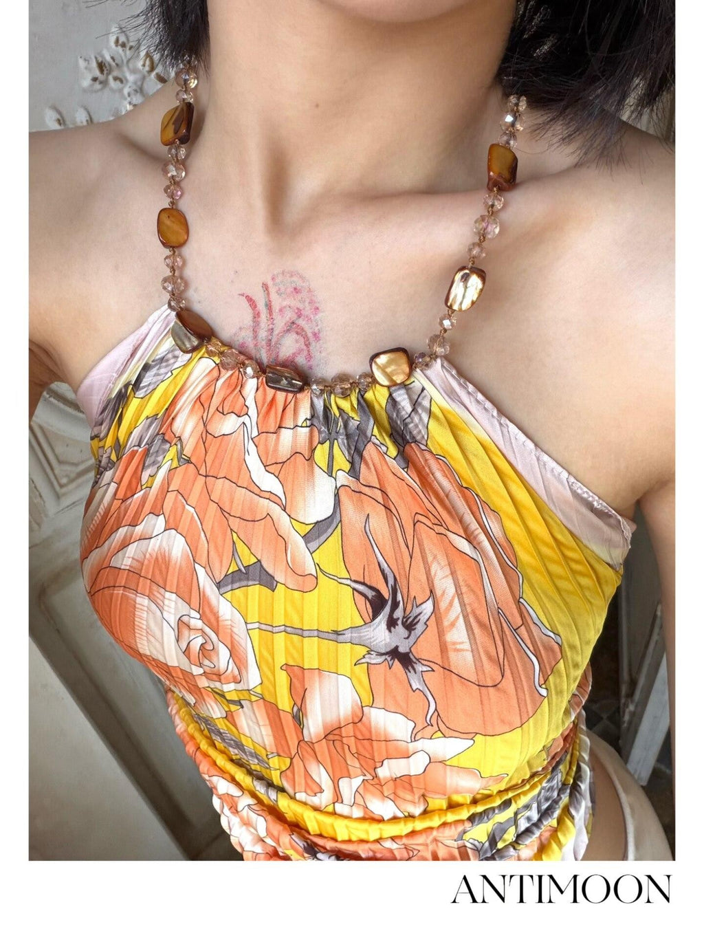 ANTIMOON Mango Yellow Polka Dot Art Pleated Scarf Women's Polyester Halter Tops