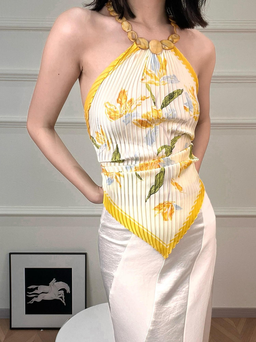 ANTIMOON Marigold Botanical Print Pleated Shell Scarf Women's Polyester Halter Tops