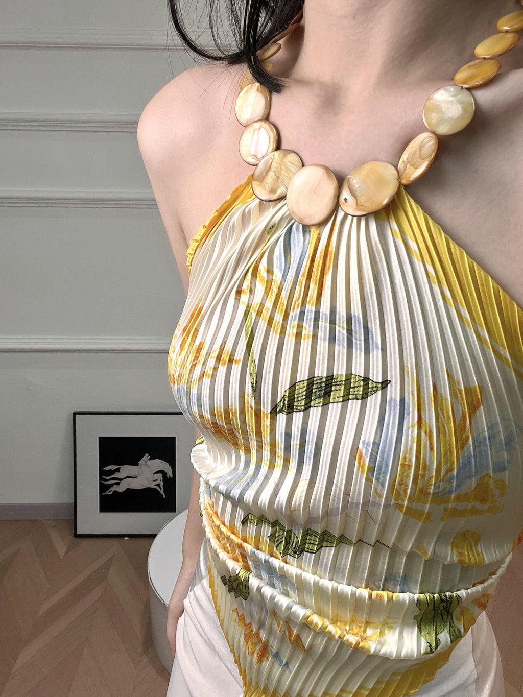 ANTIMOON Marigold Botanical Print Pleated Shell Scarf Women's Polyester Halter Tops