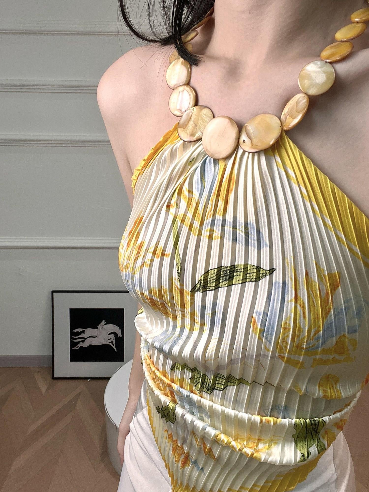 ANTIMOON Marigold Botanical Print Pleated Shell Scarf Women's Polyester Halter Tops