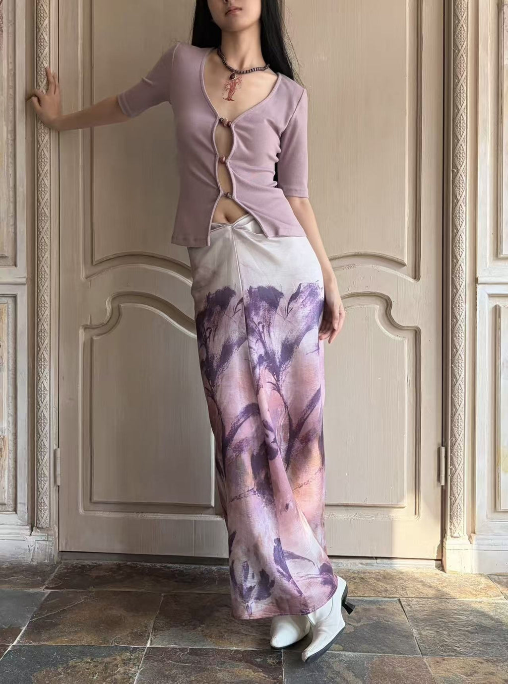 ANTIMOON_Mauve_Hand_Painted_Floral_Ombre_Gathered_Women's_Lyocell_Matching_Skirt_Sets_1063467717186_MISSTT