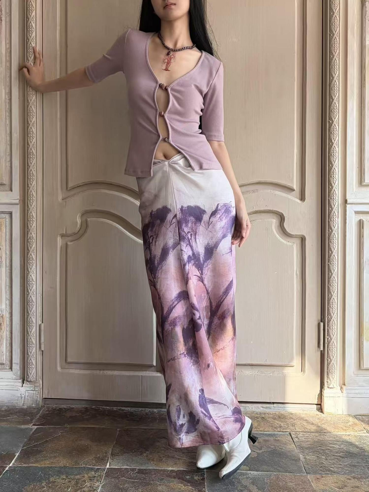 ANTIMOON Mauve Hand Painted Floral Ombre Gathered Women's Lyocell Matching Skirt Sets
