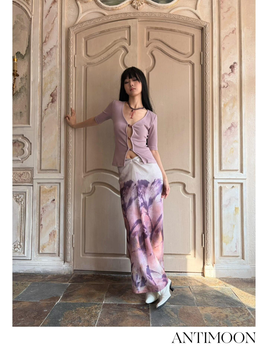 ANTIMOON Mauve Hand Painted Floral Ombre Gathered Women's Lyocell Matching Skirt Sets