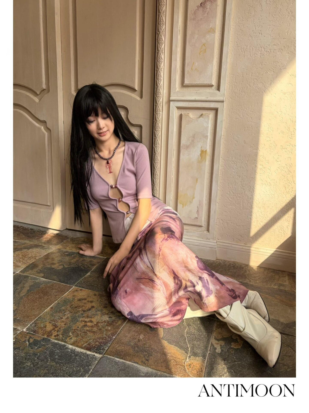 ANTIMOON Mauve Hand Painted Floral Ombre Gathered Women's Lyocell Matching Skirt Sets