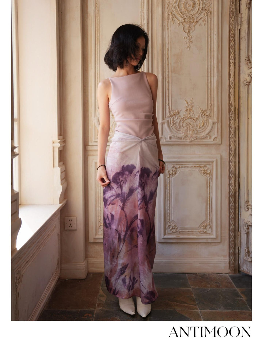 ANTIMOON Mauve Hand Painted Floral Ombre Gathered Women's Lyocell Matching Skirt Sets