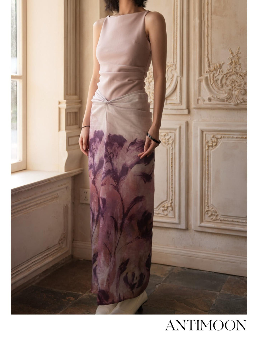 ANTIMOON Mauve Hand Painted Floral Ombre Gathered Women's Lyocell Matching Skirt Sets