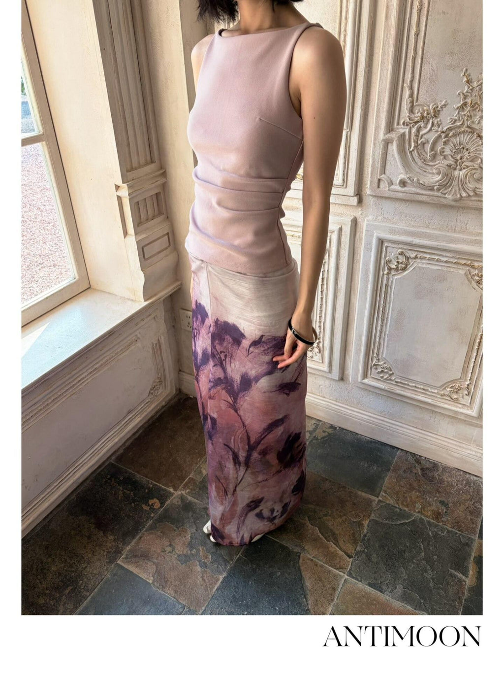 ANTIMOON Mauve Hand Painted Floral Ombre Gathered Women's Lyocell Matching Skirt Sets