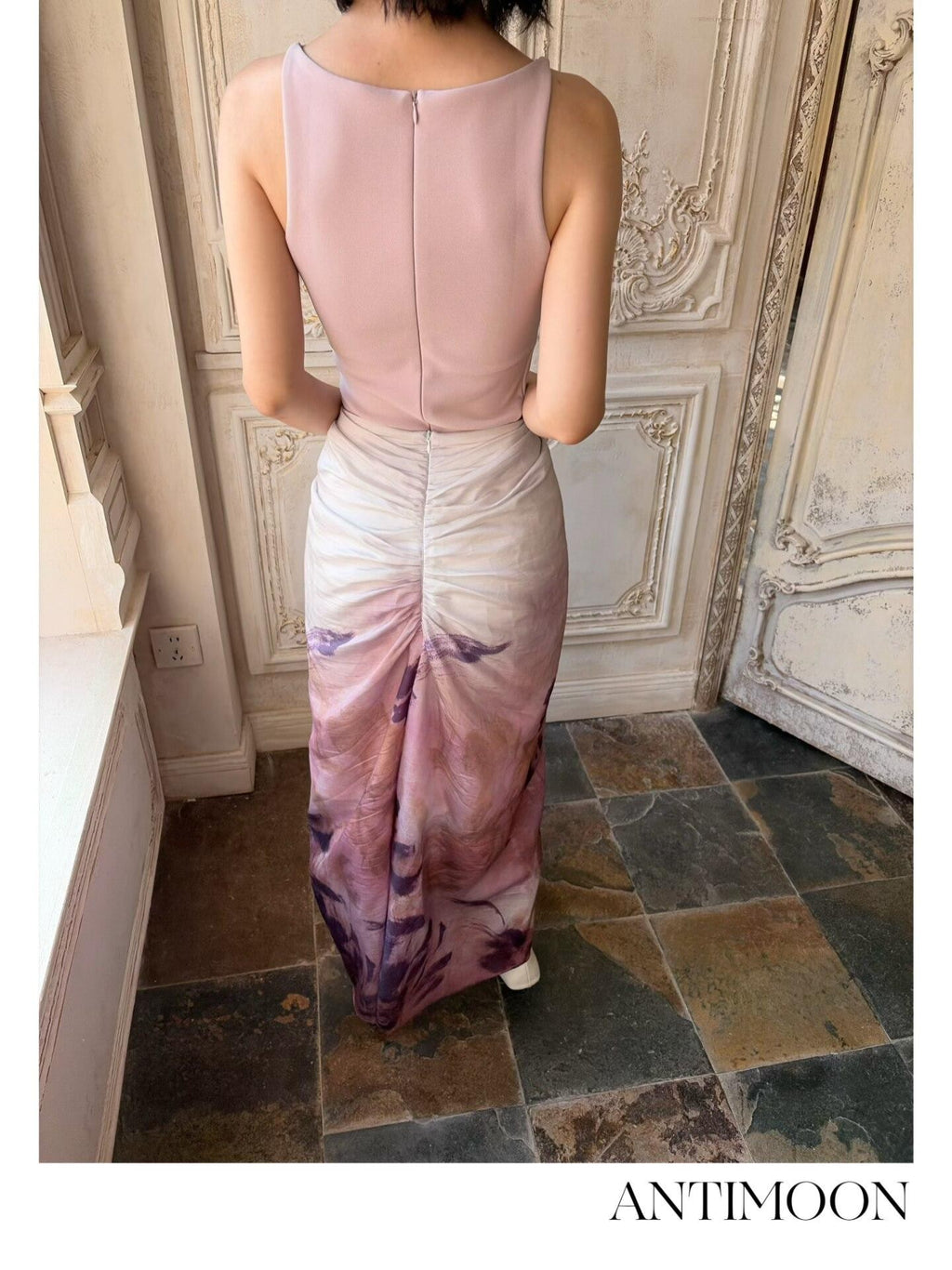 ANTIMOON Mauve Hand Painted Floral Ombre Gathered Women's Lyocell Matching Skirt Sets