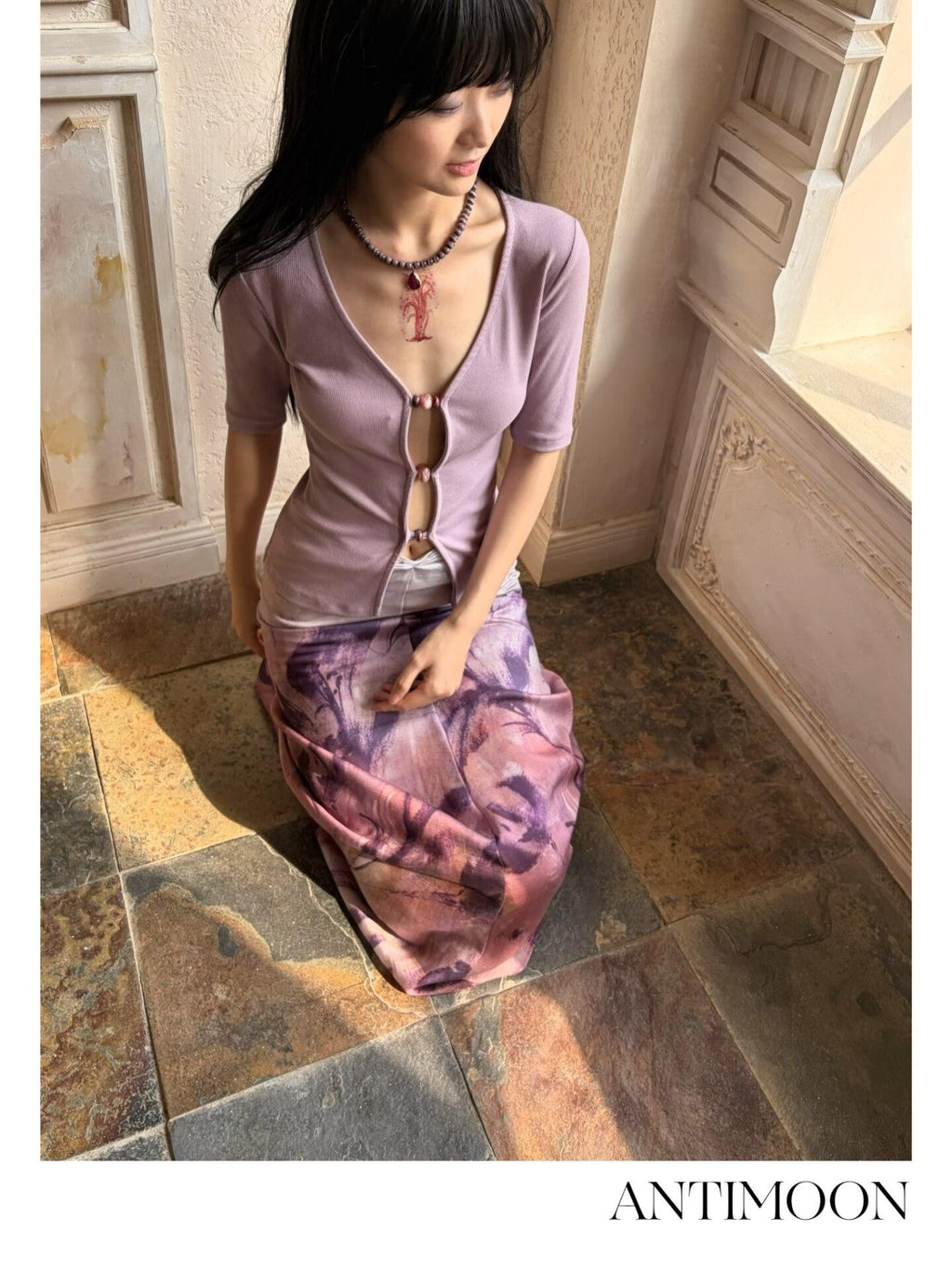 ANTIMOON Mauve Hand Painted Floral Ombre Gathered Women's Lyocell Matching Skirt Sets
