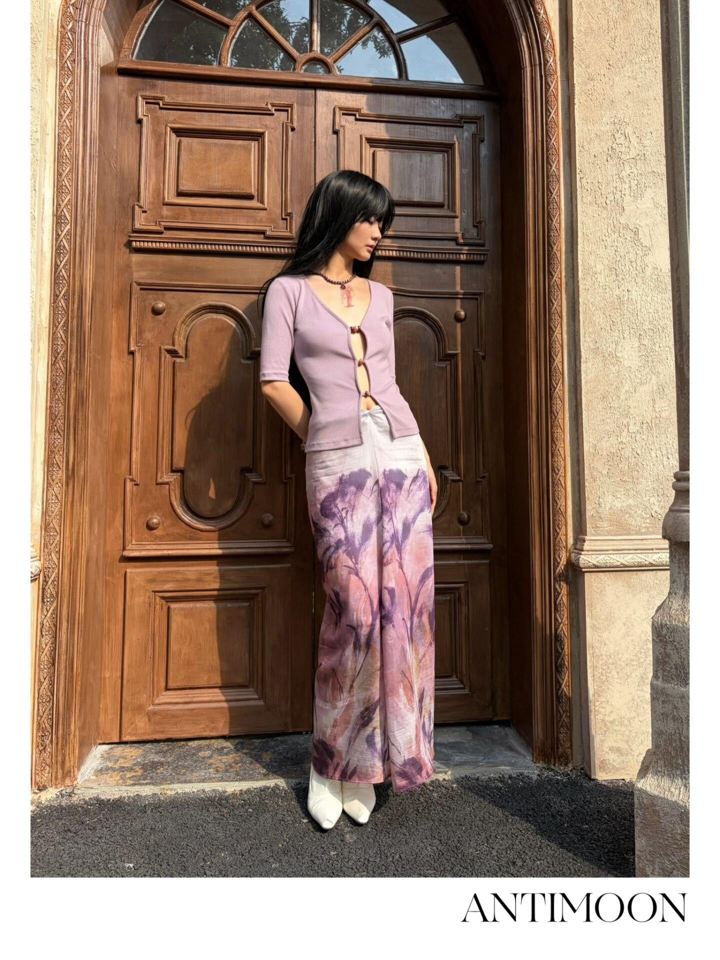 ANTIMOON Mauve Hand Painted Floral Ombre Gathered Women's Lyocell Matching Skirt Sets