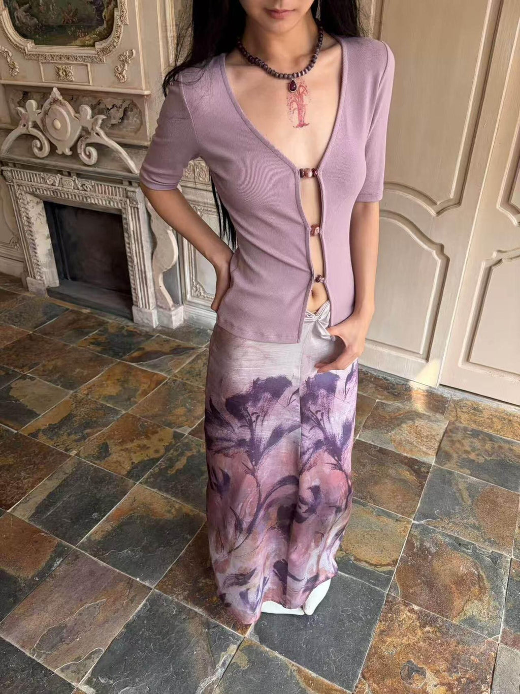 ANTIMOON Mauve Hand Painted Floral Ombre Gathered Women's Lyocell Matching Skirt Sets