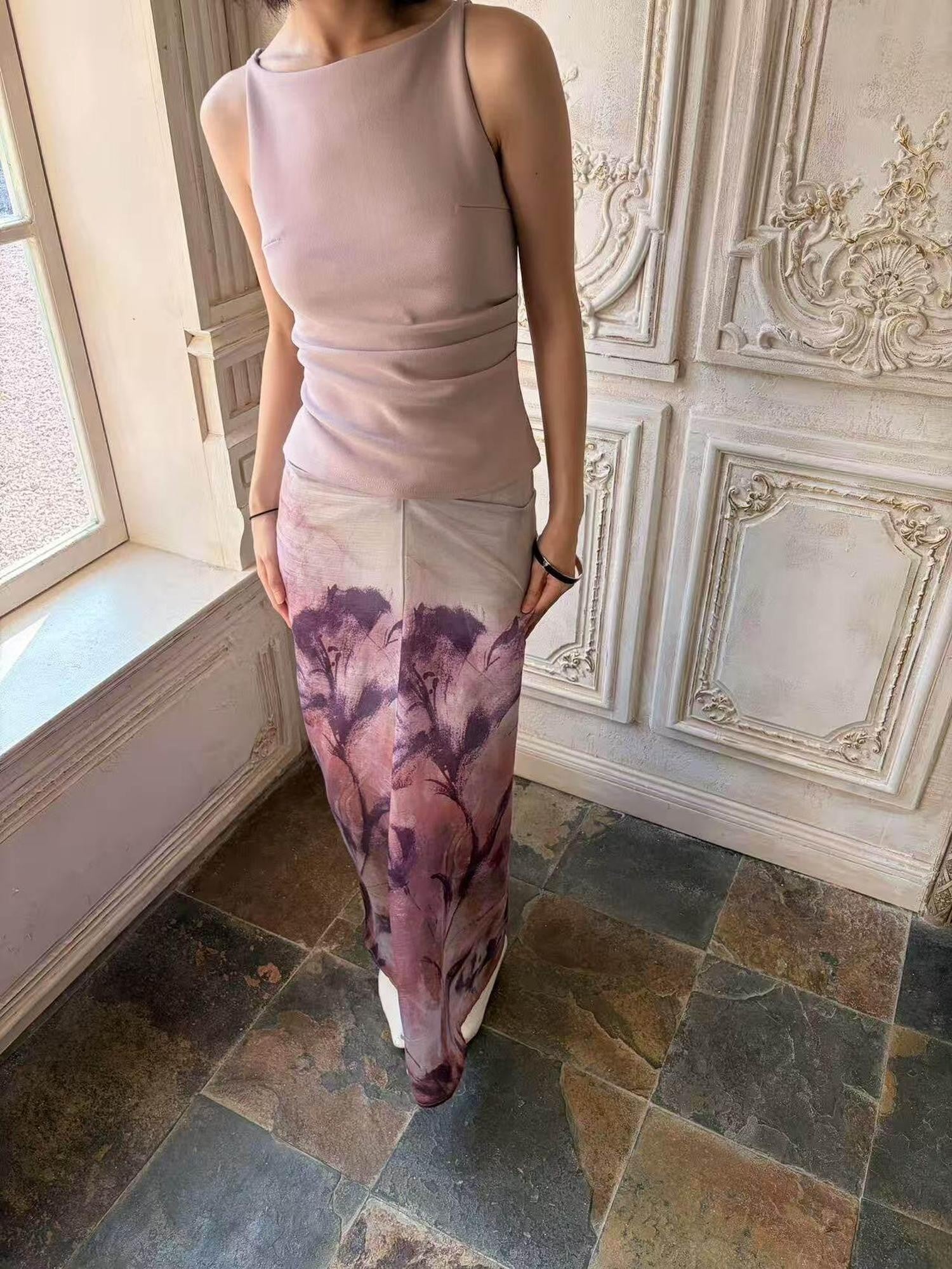ANTIMOON Mauve Hand Painted Floral Ombre Gathered Women's Lyocell Matching Skirt Sets