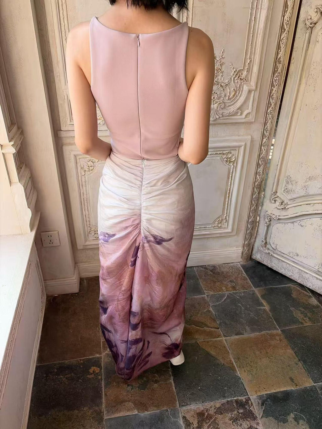 ANTIMOON Mauve Hand Painted Floral Ombre Gathered Women's Lyocell Matching Skirt Sets