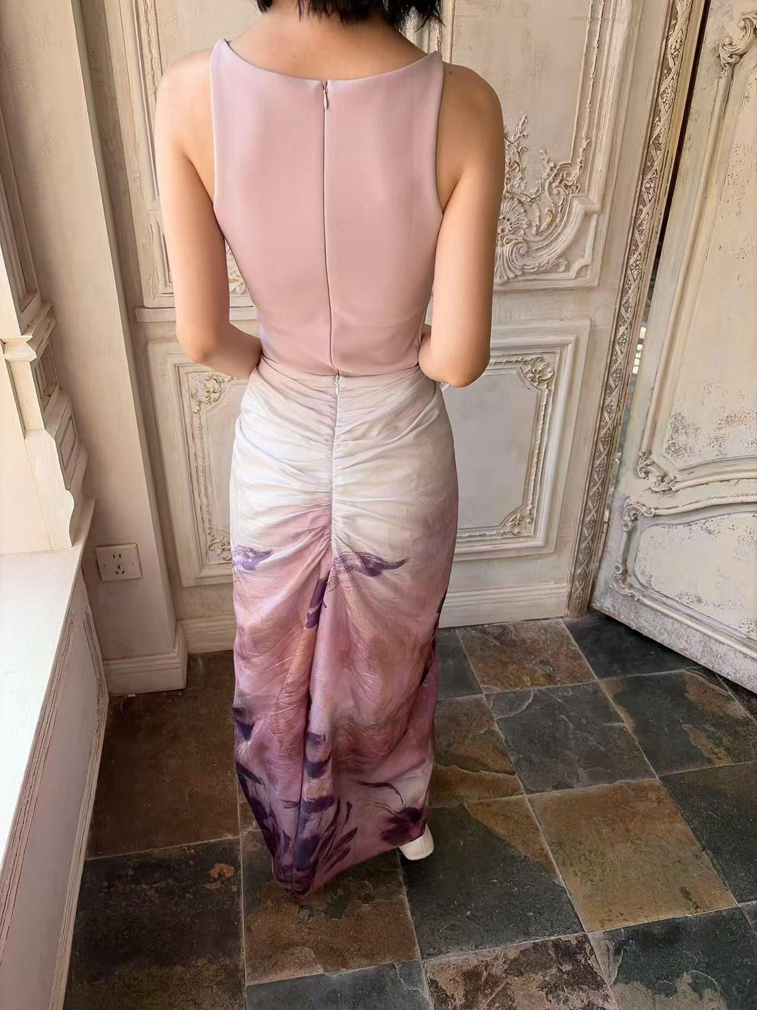 ANTIMOON Mauve Hand Painted Floral Ombre Gathered Women's Lyocell Matching Skirt Sets