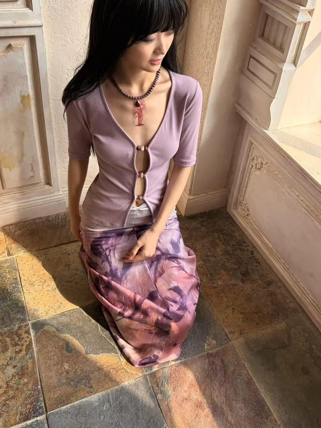 ANTIMOON Mauve Hand Painted Floral Ombre Gathered Women's Lyocell Matching Skirt Sets