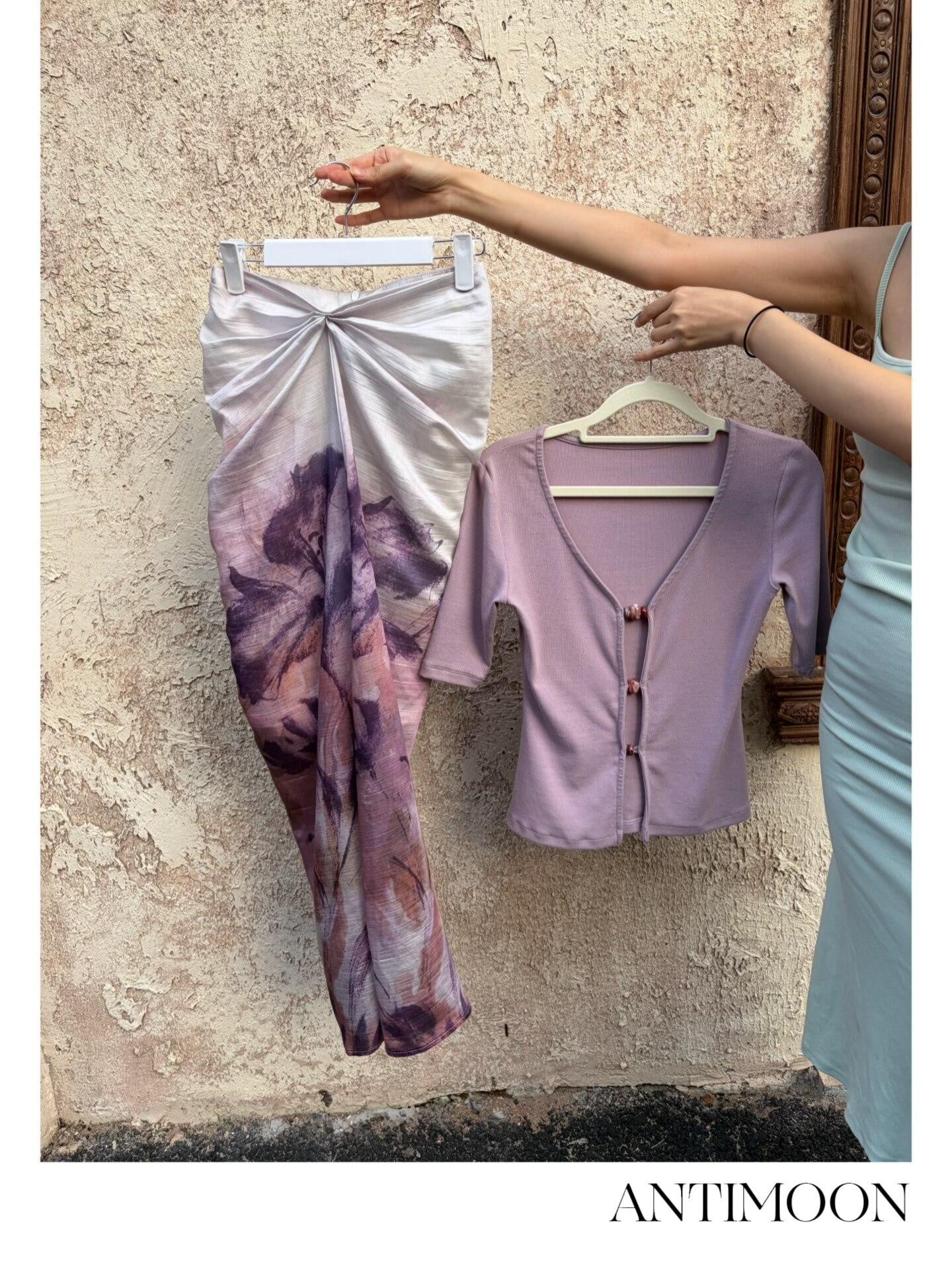 ANTIMOON Mauve Hand Painted Floral Ombre Gathered Women's Lyocell Matching Skirt Sets