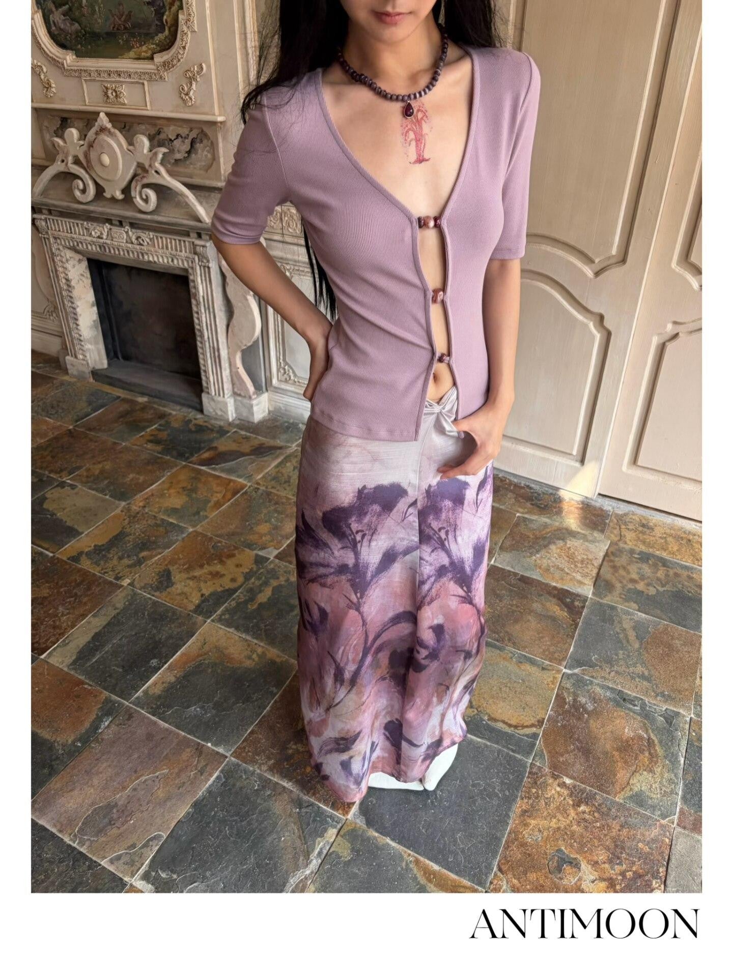 ANTIMOON Mauve Hand Painted Floral Ombre Gathered Women's Lyocell Matching Skirt Sets
