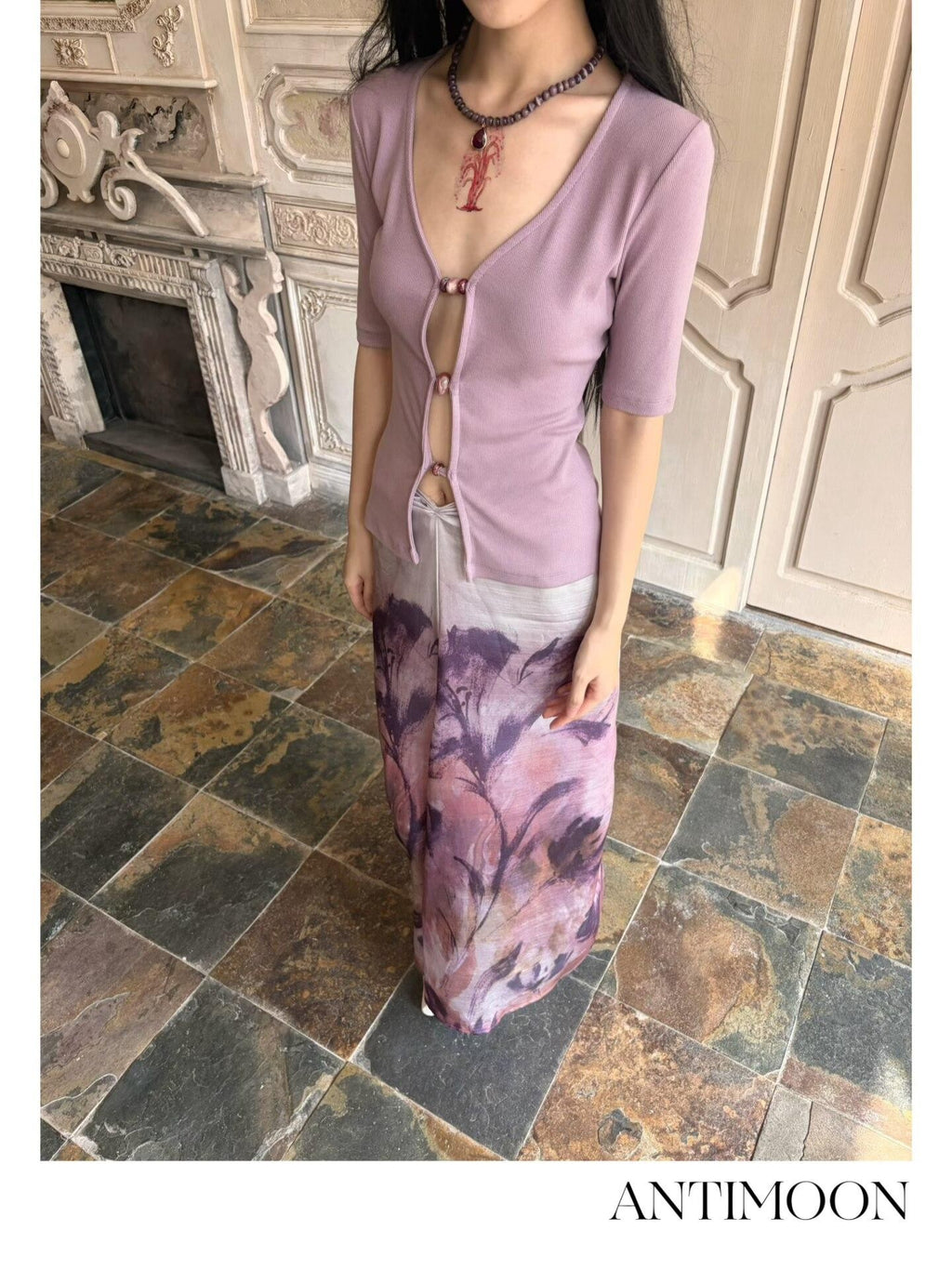 ANTIMOON Mauve Hand Painted Floral Ombre Gathered Women's Lyocell Matching Skirt Sets