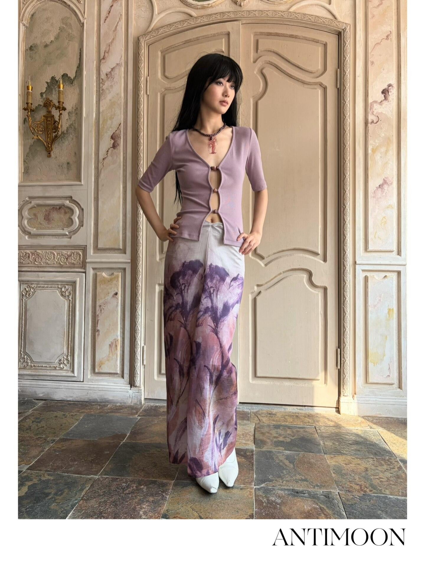 ANTIMOON Mauve Hand Painted Floral Ombre Gathered Women's Lyocell Matching Skirt Sets