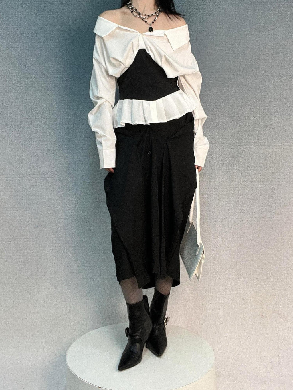 ANTIMOON Mermaid Waist Belt Splicing One Shoulder Women's Cotton Blouses