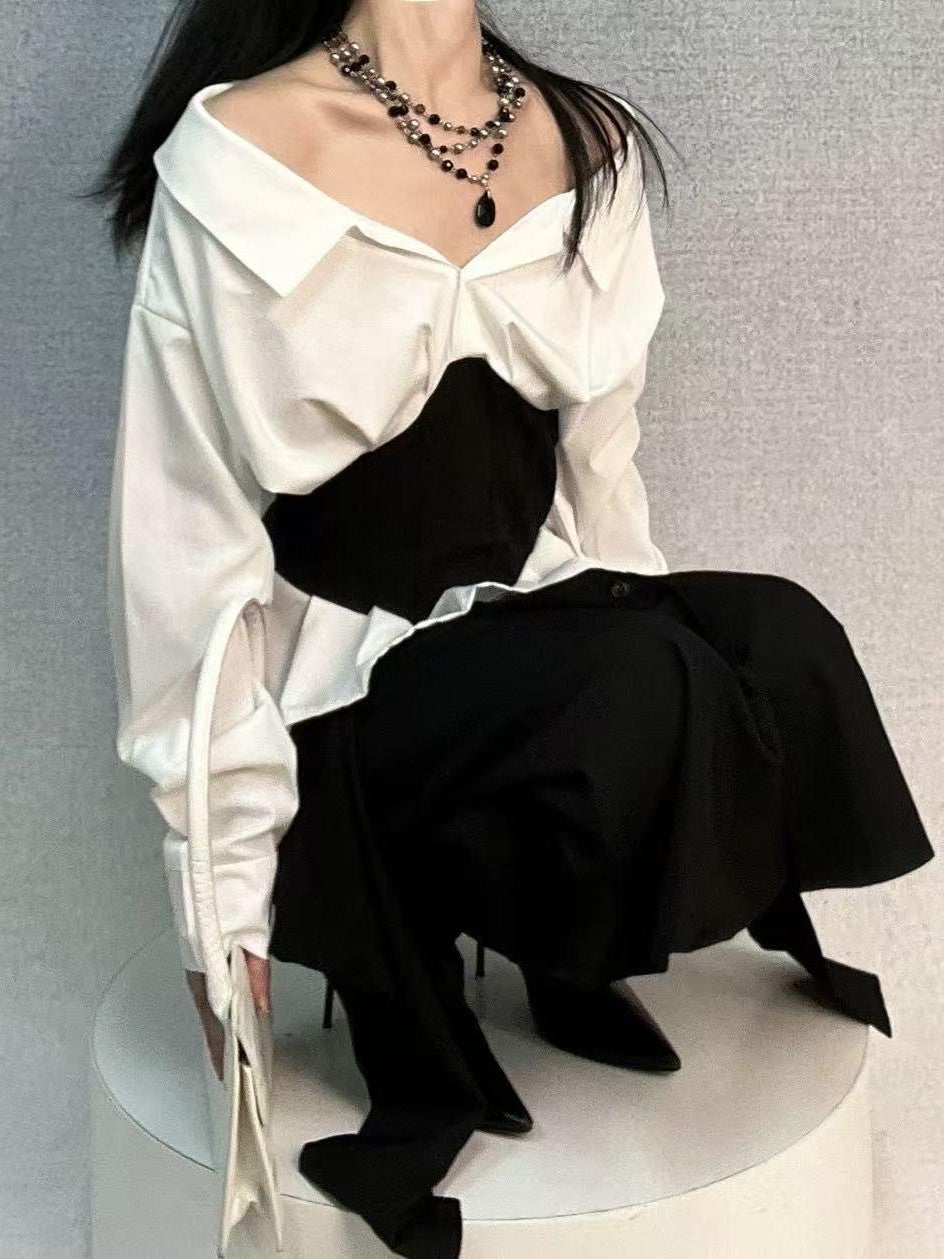 ANTIMOON Mermaid Waist Belt Splicing One Shoulder Women's Cotton Blouses