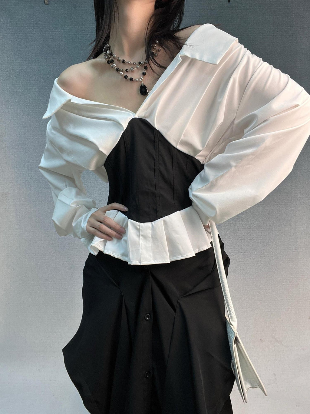 ANTIMOON Mermaid Waist Belt Splicing One Shoulder Women's Cotton Blouses