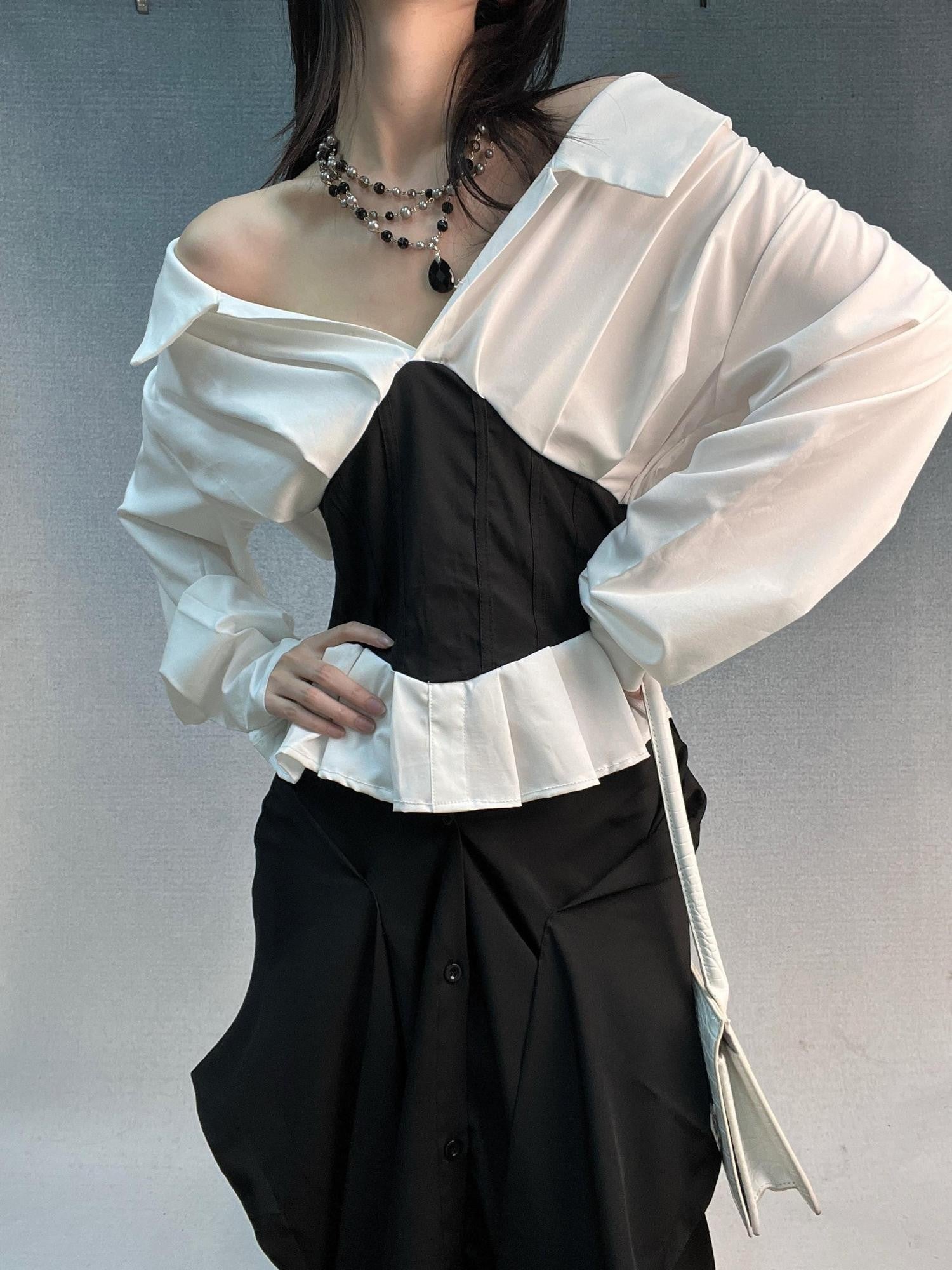 ANTIMOON Mermaid Waist Belt Splicing One Shoulder Women's Cotton Blouses