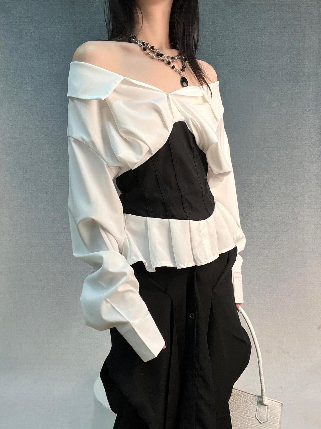 ANTIMOON Mermaid Waist Belt Splicing One Shoulder Women's Cotton Blouses