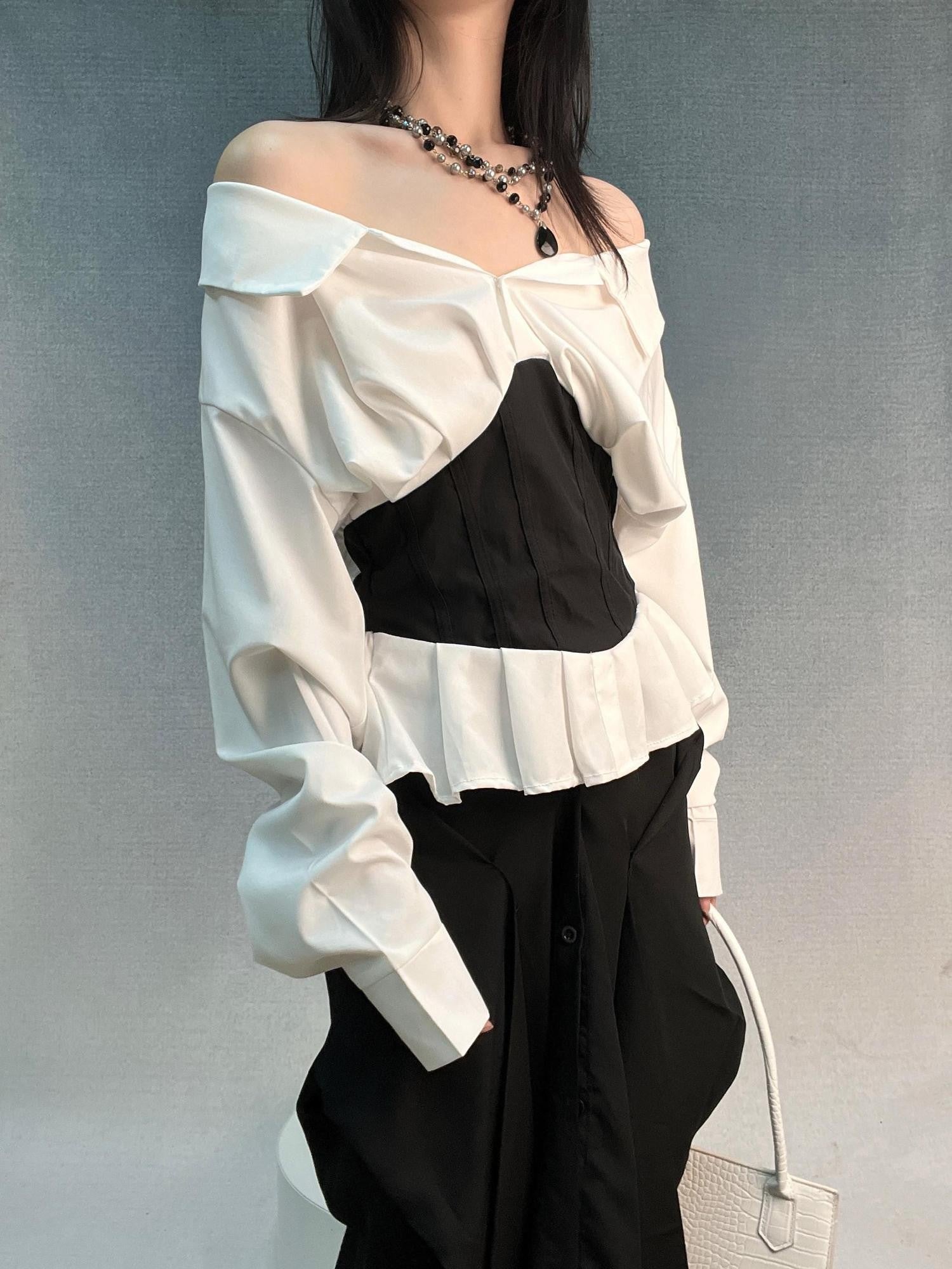 ANTIMOON Mermaid Waist Belt Splicing One Shoulder Women's Cotton Blouses