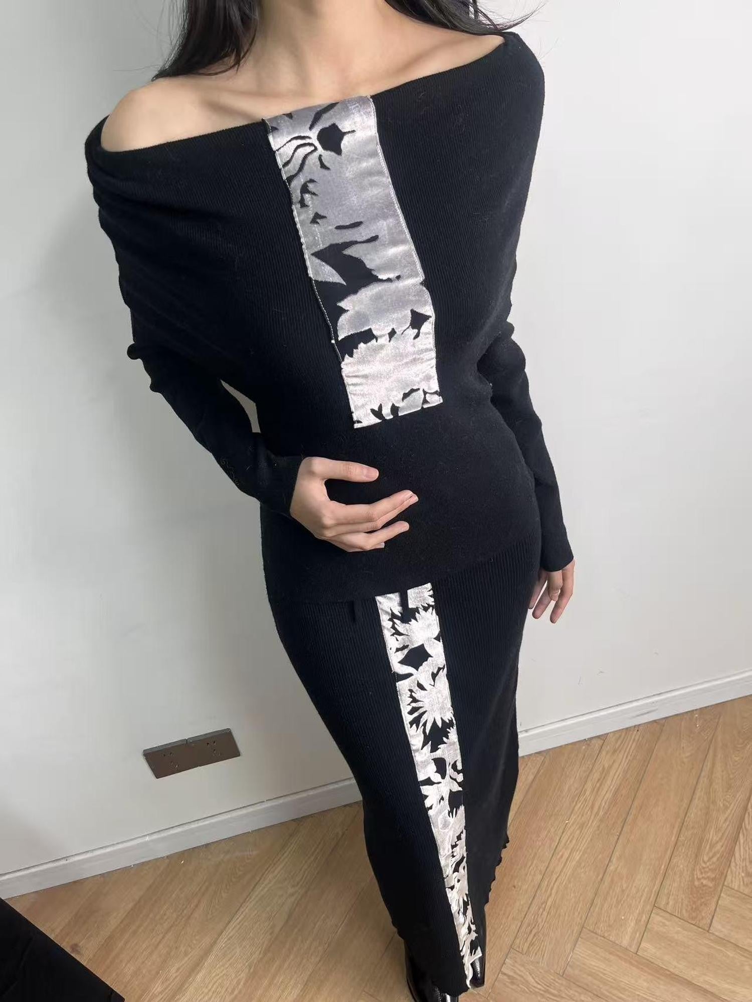 ANTIMOON Metallic Black Spliced Flocked Knit One Shoulder Women's Matching Skirt Sets