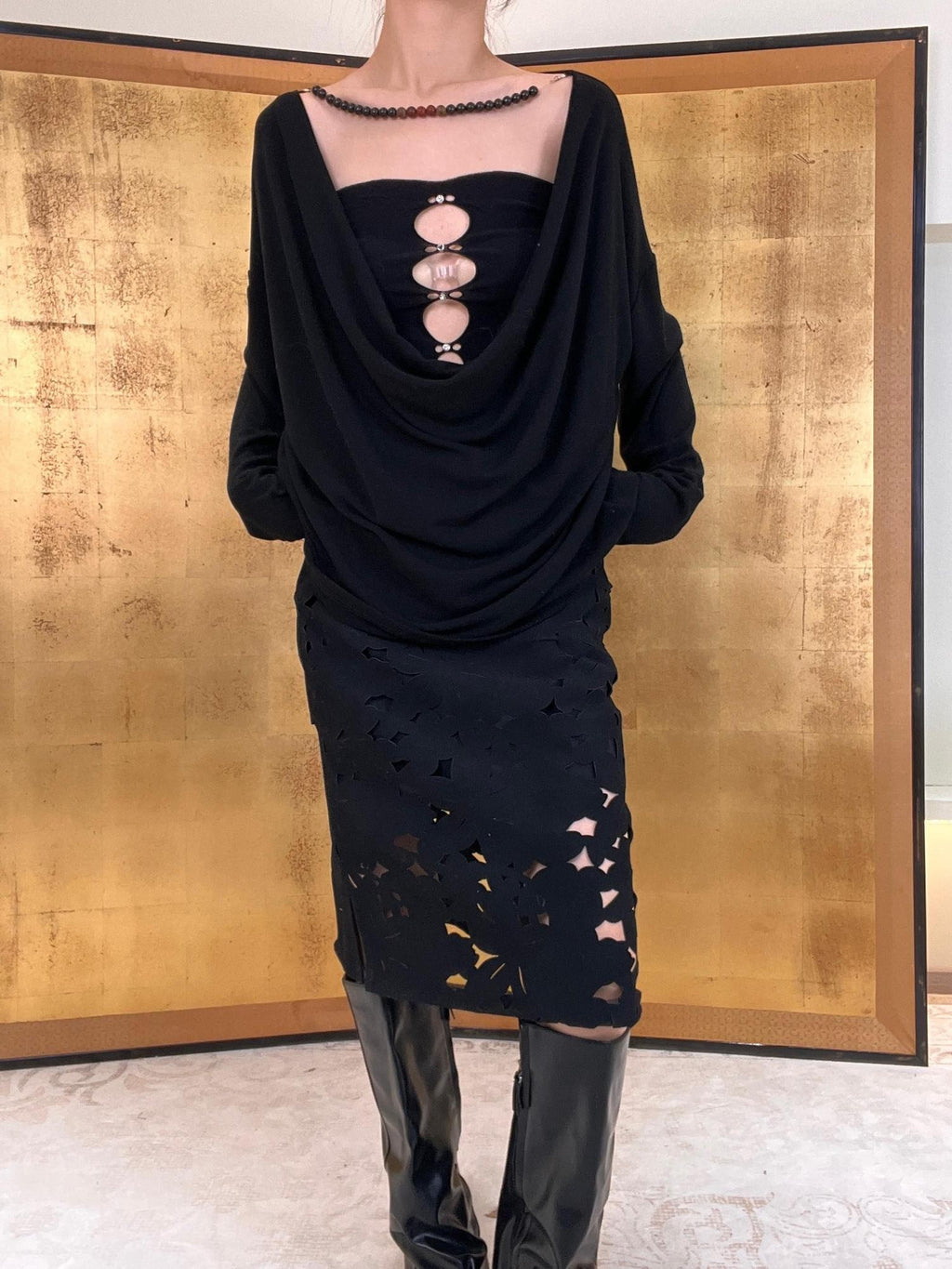 ANTIMOON Midnight Starburst Laser Cutout Slit Vintage Women's Polyester Midi Skirts