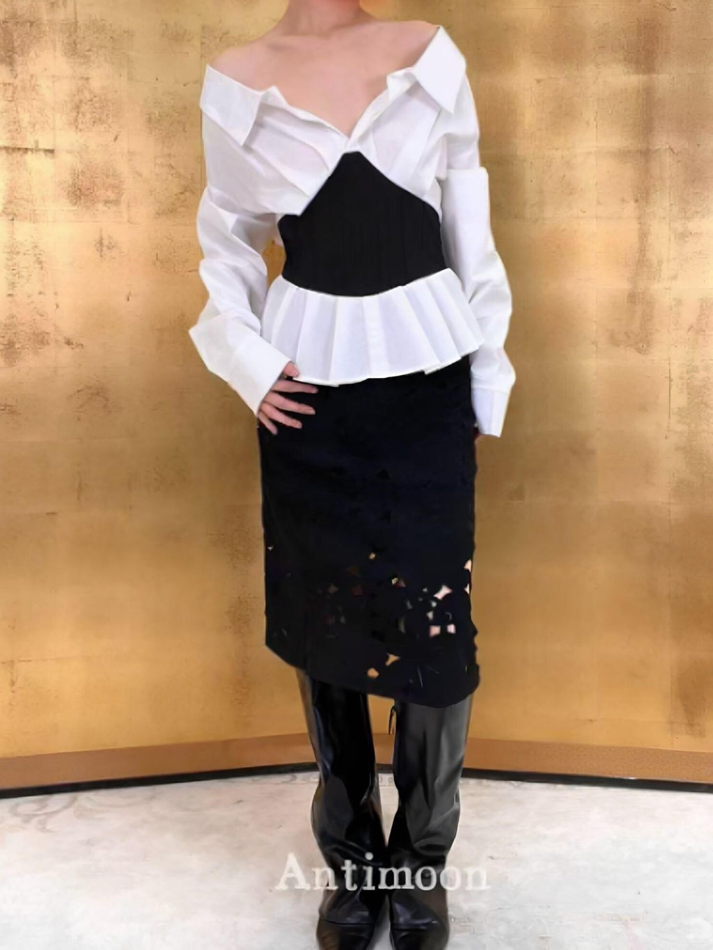 ANTIMOON Midnight Starburst Laser Cutout Slit Vintage Women's Polyester Midi Skirts