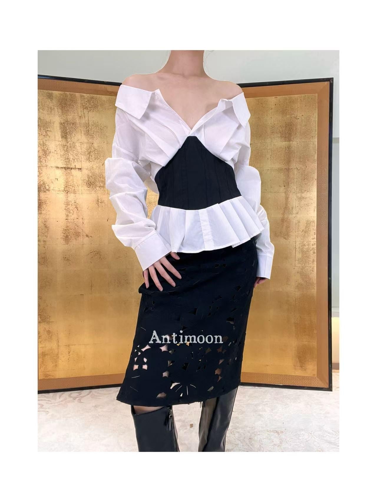 ANTIMOON Midnight Starburst Laser Cutout Slit Vintage Women's Polyester Midi Skirts