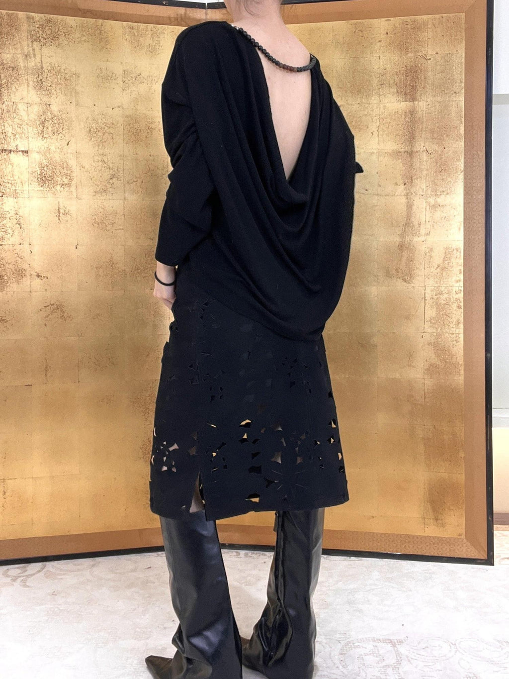 ANTIMOON Midnight Starburst Laser Cutout Slit Vintage Women's Polyester Midi Skirts