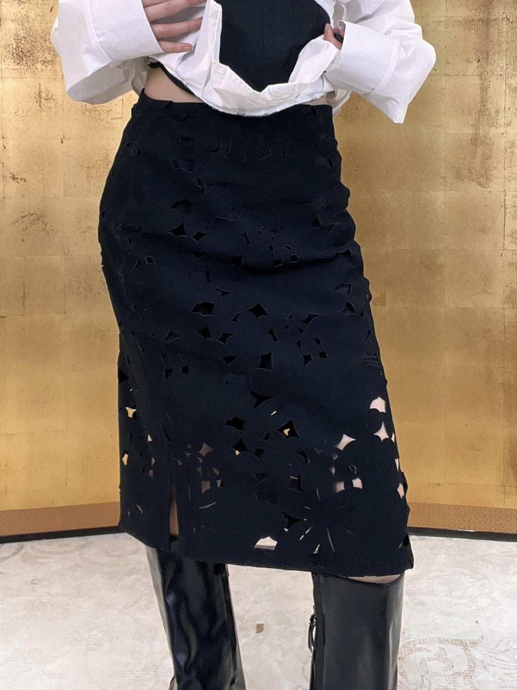 ANTIMOON Midnight Starburst Laser Cutout Slit Vintage Women's Polyester Midi Skirts