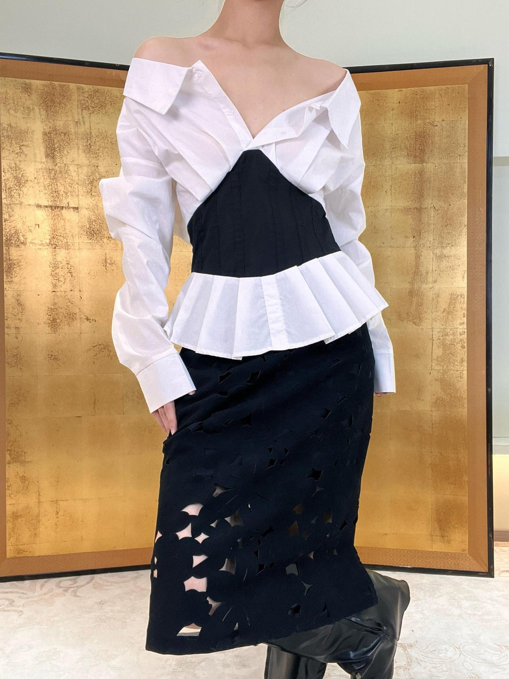 ANTIMOON Midnight Starburst Laser Cutout Slit Vintage Women's Polyester Midi Skirts