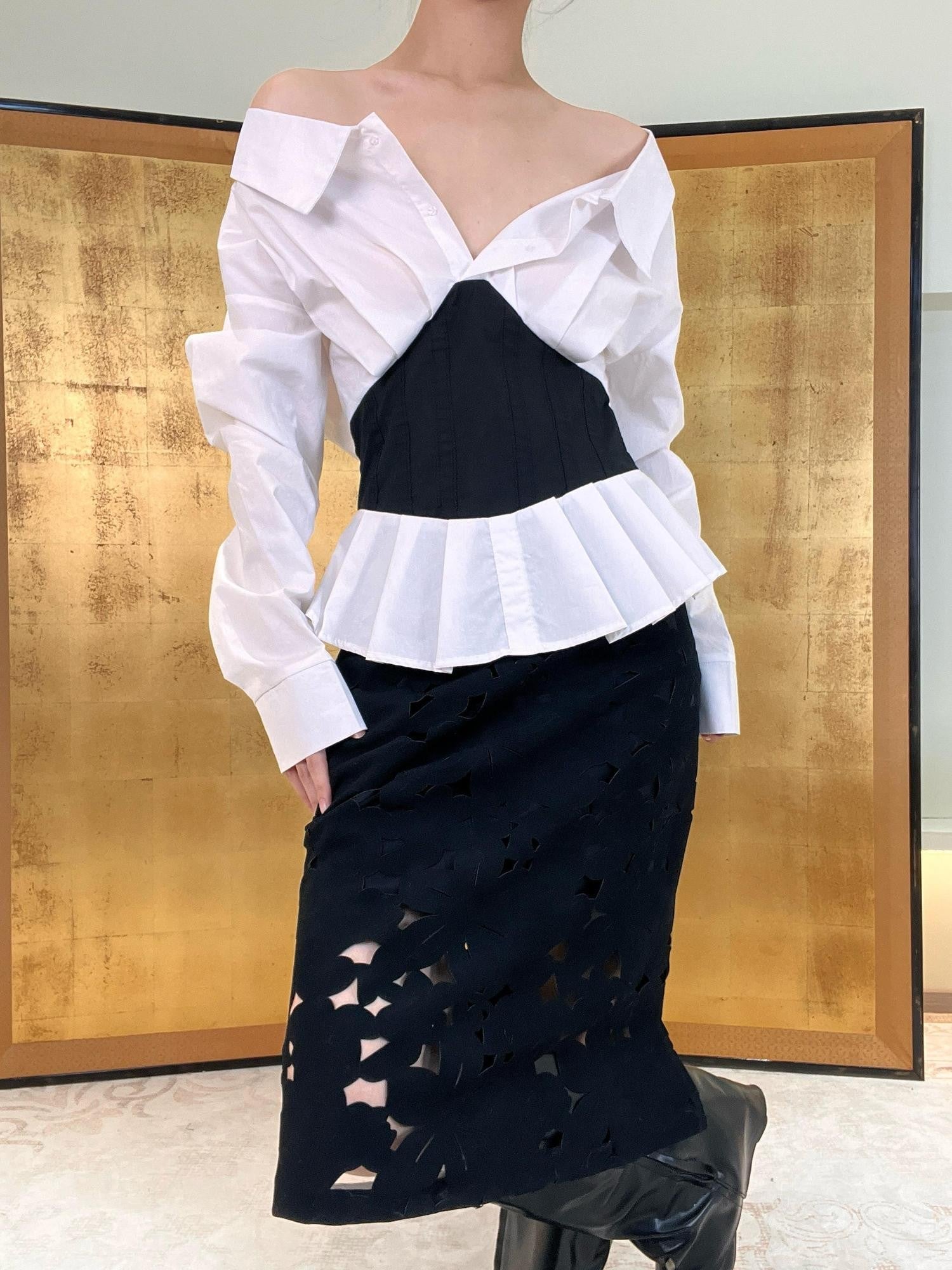 ANTIMOON Midnight Starburst Laser Cutout Slit Vintage Women's Polyester Midi Skirts
