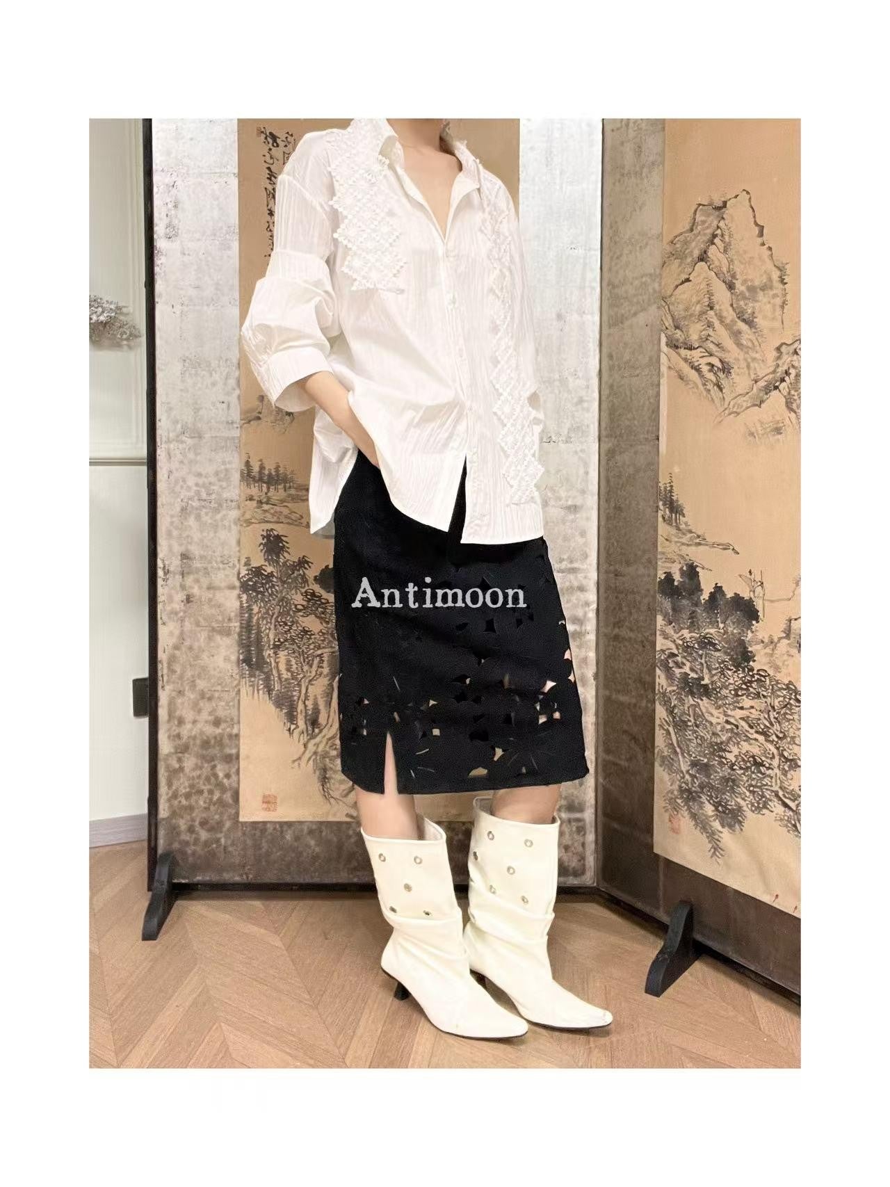 ANTIMOON Midnight Starburst Laser Cutout Slit Vintage Women's Polyester Midi Skirts