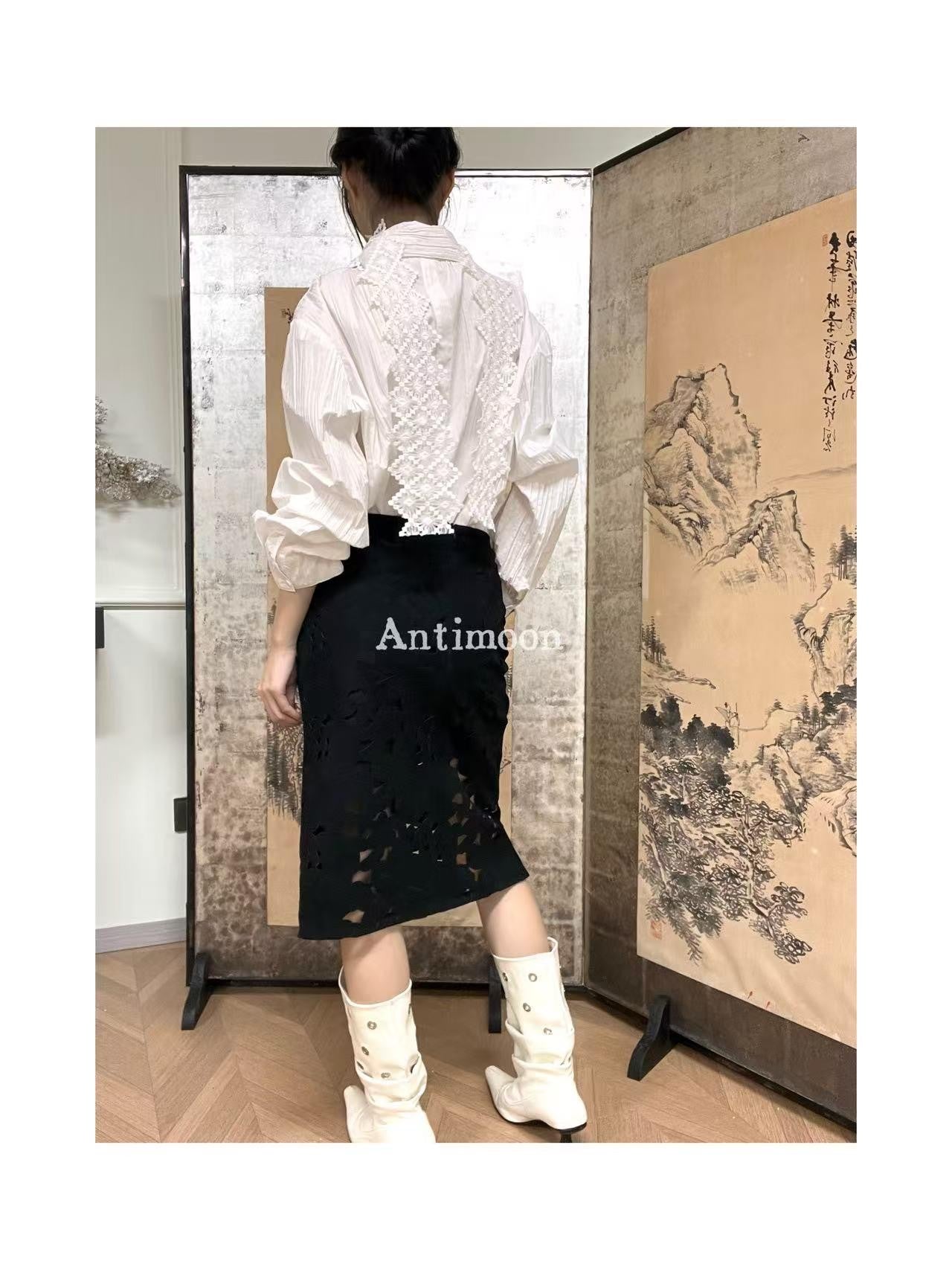 ANTIMOON Midnight Starburst Laser Cutout Slit Vintage Women's Polyester Midi Skirts